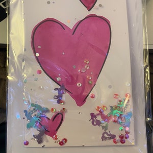 5 x 7 Blank Glitter Cards Unique & Handmade with Glitter Card w/Envelope, in Plastic Sleeve. Hearts