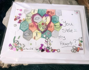 5 x 7 Blank Catan *Glitter* Cards!  "You Stole... my Heart?"  Handmade, Watercolor, and Glitter!  Settlers of Catan Valentine!