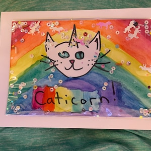 5 x 7 Blank Glitter Cards Unique & Handmade with Glitter Card w/Envelope, in Plastic Sleeve. Caticorn