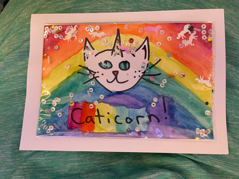 5 x 7 Blank Glitter Cards Unique & Handmade with Glitter Card w/Envelope, in Plastic Sleeve. Caticorn