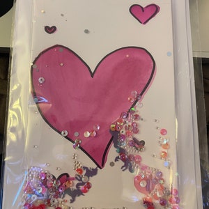5 x 7 Blank Glitter Cards Unique & Handmade with Glitter Card w/Envelope, in Plastic Sleeve. Hearts 2