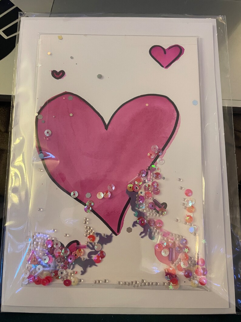 5 x 7 Blank Glitter Cards Unique & Handmade with Glitter Card w/Envelope, in Plastic Sleeve. Hearts 2