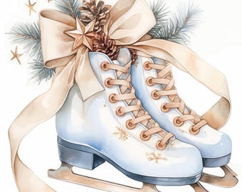 May include: Watercolor illustration of ice skates with a cream-colored bow, pinecones, and star accents. The skates are white with light blue accents and gold-colored laces. The blades are silver. Festive winter holiday theme.