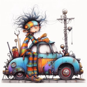 Quirky Little Mechanic Clip Art 10 High Res Watercolor JPGs Junk Journaling, Scrapbooking, Card Making, Digital Download, Fantasy, Whimsical