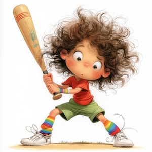 16 Quirky Child Plays Baseball, Commercial Use, Whimsical Ephemera, Watercolor Art JPGs, Instant Download, Fantasy Junk Journal, Paper Craft