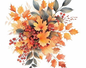May include: Watercolor illustration of autumn leaves and berries. The image features a collection of orange, yellow, and gray leaves, along with clusters of red berries. The leaves are in various shapes and sizes, creating a vibrant and seasonal arrangement.