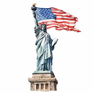 May include: Watercolor illustration of the Statue of Liberty holding a torch and a tablet, with the American flag waving in the background. The statue is a light blue color, and the flag has red and white stripes with a blue field of stars.