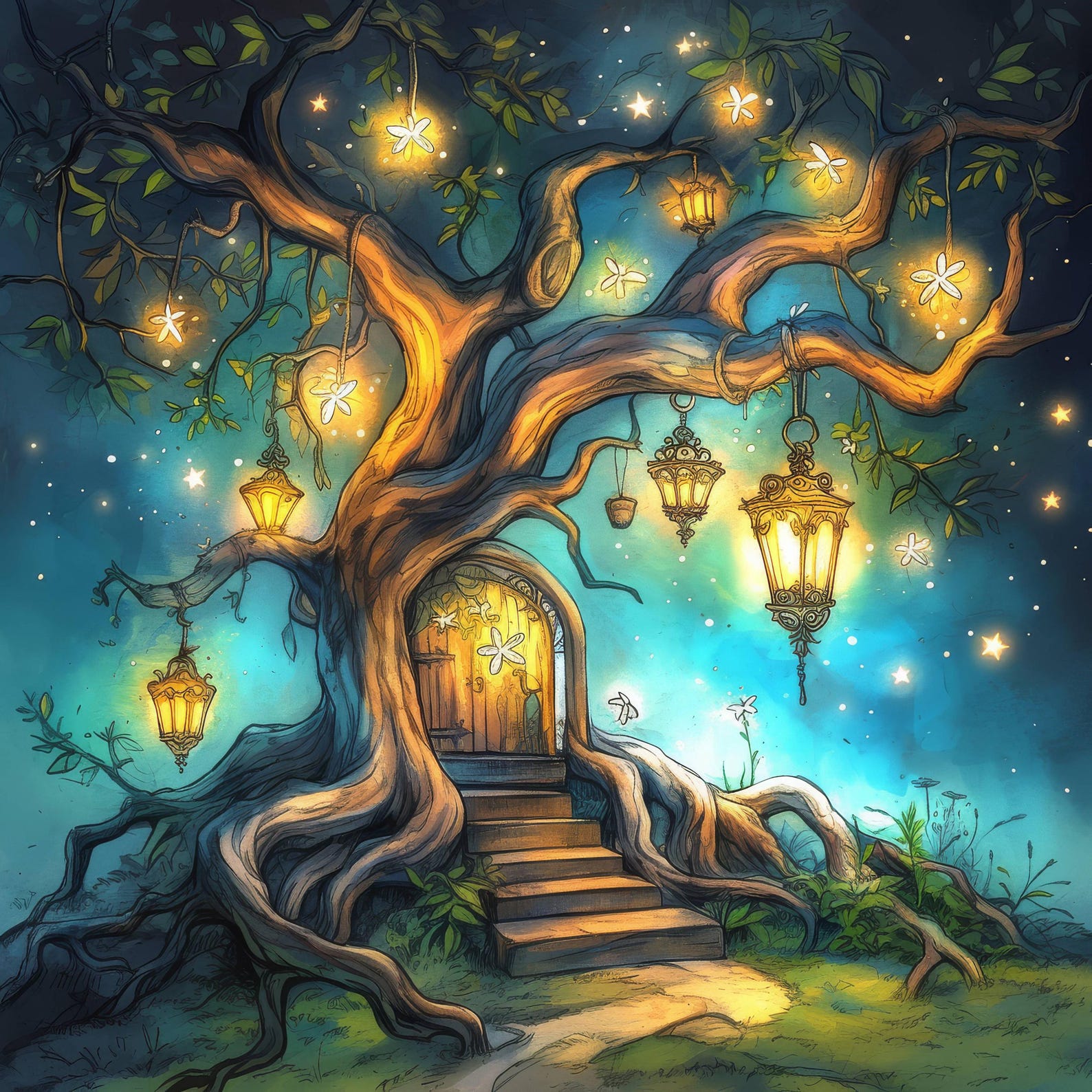 21 Fairy Tale Tree With Lanterns Clipart, Commercial Use, Whimsical ...
