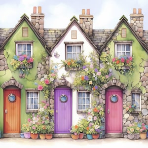 Colorful Row Houses Clip Art 11 High Res Watercolor for JPGs Junk Journaling, Scrapbooking, Card Making, Digital Download, Fantasy, Home