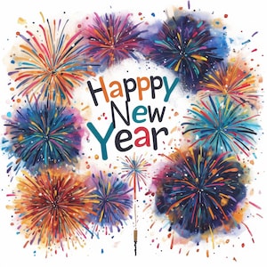 11 Happy New Year Fireworks Clipart Bundle, 2026 Illustration, Printable Watercolor Clipart, High Quality JPG, Paper Craft, Junk Journals