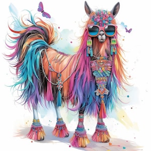 Quirky Fancy Llama Clip Art 11 High Res Watercolor JPGs Junk Journaling, Scrapbooking, Card Making, Digital Download Kit, Whimsical, Fantasy