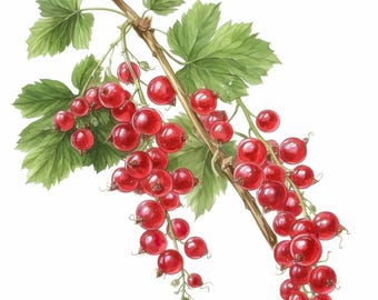 Op de afbeelding: Waterverfillustratie van een takje rode bessen. De rijpe, ronde bessen zijn helderrood en gegroepeerd langs de bruine stengel. De bladeren zijn weelderig groen, wat een natuurlijke en frisse uitstraling creëert.