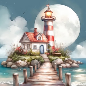 Enchanted Lighthouse Clip Art 10 High Res Watercolor JPGs Junk Journaling, Scrapbooking, Card Making, Digital Download, Fantasy, Whimsical