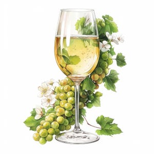 13 White Wine Glass Clipart Bundle, Grapes and Drink Illustration, Printable Watercolor Clipart, High Quality JPG, Paper Craft, Journals
