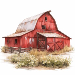 May include: Watercolor illustration of a red barn with a weathered metal roof. The barn has wooden doors and windows. A wooden fence and wildflowers are in the foreground. The artwork has a rustic, country theme.