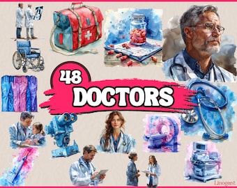 Può includere: Un'illustrazione ad acquerello di 48 medici, con vari strumenti ed attrezzature mediche, tra cui uno stetoscopio, una borsa medica, una sedia a rotelle e uno scanner medico. L'illustrazione è in uno stile vibrante e colorato, con uno sfondo rosa e bianco.