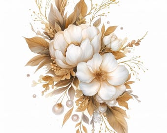 Op de afbeelding: Waterverfillustratie van een bloemstuk met grote witte bloemen met gouden centra, omringd door bruine bladeren en delicate gouden accenten. Het ontwerp bevat parelachtige versieringen, wat een elegant, botanisch thema creëert.