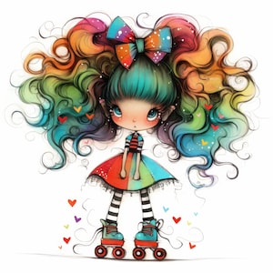 Quirky Skating Little Girl Clip Art 11 High Res Watercolor JPGs for Junk Journaling, Scrapbooking, Card Making, Digital Download, Sportsman