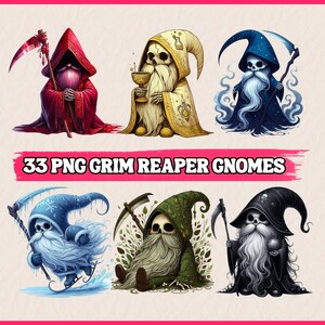 May include: 33 PNG Grim Reaper Gnomes. A set of digital illustrations featuring gnomes dressed as Grim Reapers in various poses and colours. The gnomes are wearing black, red, blue, green, and white robes with scythes and other reaper-themed accessories.