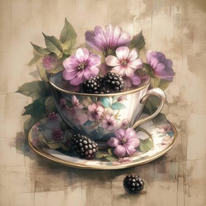 11 Teacup Blackberries Clipart, Victorian Illustration, Printable Watercolor Clipart, High Quality JPG, Paper Craft, Junk Journals, Nostalgy