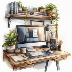 Może przedstawiać: Akwarelowa ilustracja domowego biura. Drewniane biurko z komputerem, klawiaturą, myszką i notatnikiem. Półka nad nim prezentuje książki i rośliny doniczkowe. Na biurku znajduje się również mikrofon i głośnik.