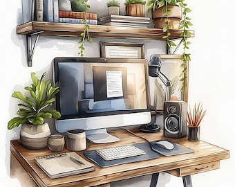 13 Office Work Clipart Bundle, Computer Desk Scene Illustration, Printable Watercolor Clipart, High Quality JPG, Paper Craft, Junk Journals
