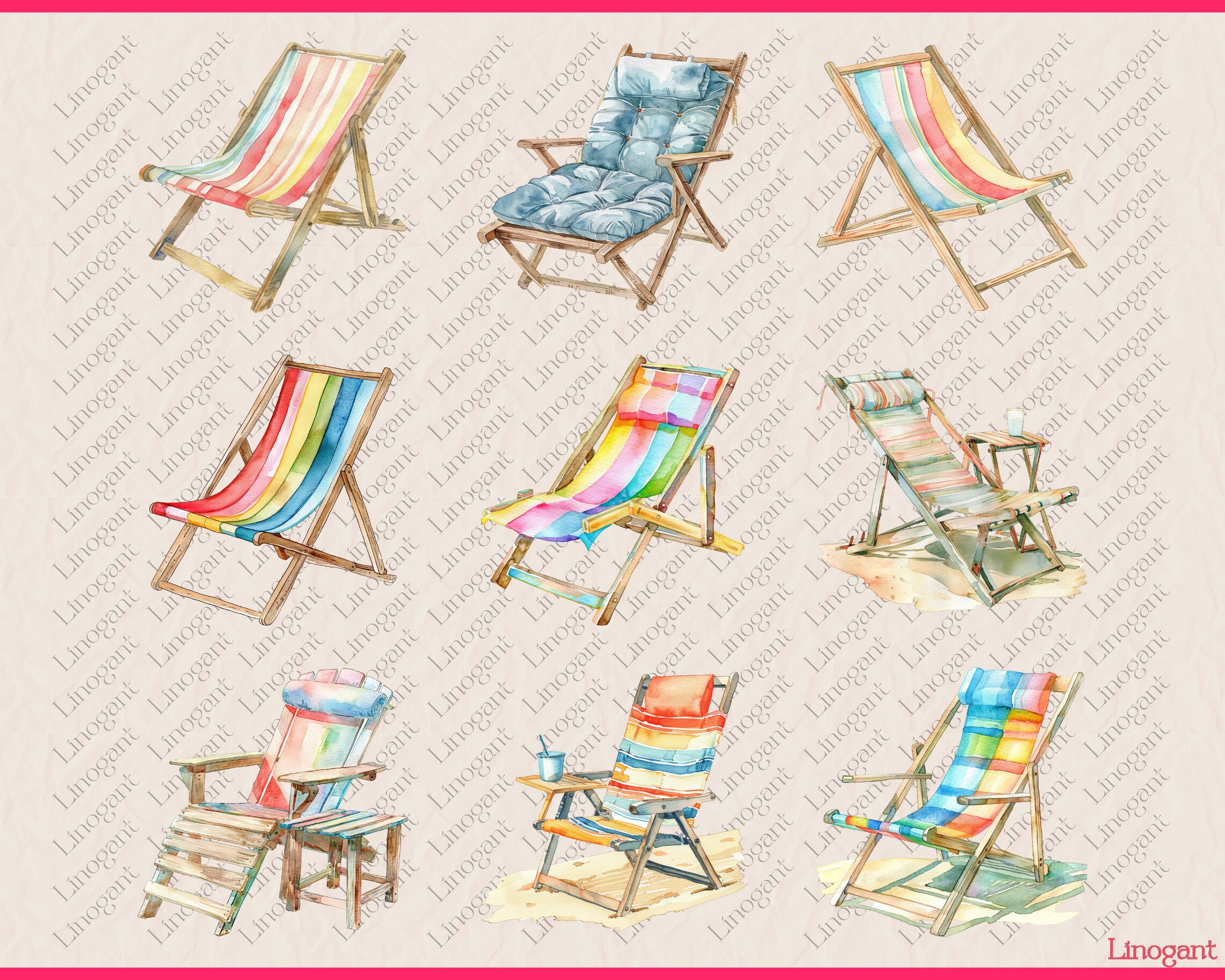 Watercolor Beach Chair Clipart Bundle, Sea Side Sunbed Clip Art Set ...