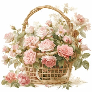 Pink Roses in Straw Basket Clip Art 10 High Res Watercolor JPGs Junk Journals, Scrapbook, Card Making, Digital Download Kit, Fantasy, Floral
