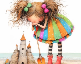 May include: A girl with long curly brown hair wearing a rainbow and white polka dot dress and red rain boots is building a sandcastle on a beach. She is using a yellow shovel to dig in the sand.