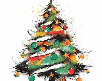 Bundle de 21 cliparts arbre de Noël art ligne, Illustration minimaliste de vacances, Clipart aquarelle imprimable, JPG de haute qualité, créations en papier