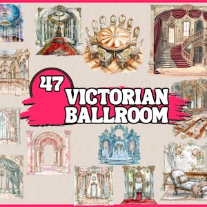 Aquarel Victoriaanse balzaal clipartbundel, retro balzaal illustraties set, prachtig vintage decor png-afbeelding, illustratie commercieel gebruik