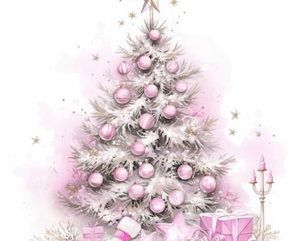 Op de afbeelding: Waterverfillustratie van een kerstboom versierd met roze ballen en een gouden ster. Roze cadeaus, een sok en een stervormige decoratie staan aan de basis. De achtergrond heeft een zachte roze aquarelwas.