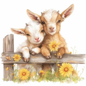 10 Goat on Fence Clipart Bundle, Cute Farm Animal with Flowers Illustration, Printable Watercolor Clipart, High Quality JPG, Paper Craft