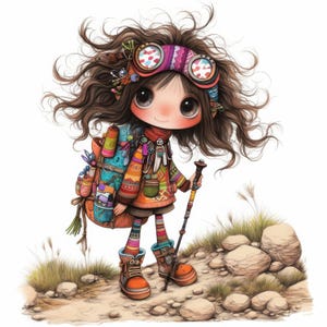 Whimsical Hiking Girl Clip Art 11 High Res Watercolor JPGs Junk Journaling, Scrapbooking, Card Making, Digital Download Kit, Fantasy, Nature