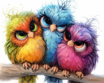 May include: Three cartoon birds with angry expressions. The bird on the left is yellow and orange, the middle bird is blue, and the bird on the right is pink.