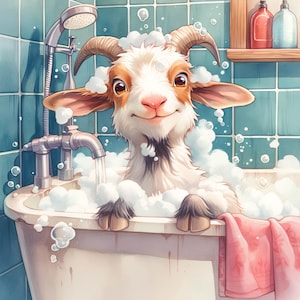 Baby Goat in Bubble Bath Clip Art 12 High Res Watercolor JPGs Junk Journals, Scrapbooking, Card Making, Digital Download, Fantasy, Whimsical