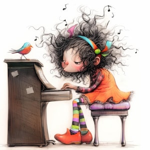 Quirky Pianist Clip Art 11 High Res Watercolor JPGs Junk Journals, Scrapbooking, Card Making, Digital Download, Fantasy, Whimsical, Musical