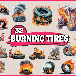 Watercolor Burning Tires Clipart Bundle, Car and Motorcycle Tires in Flames Clip Art Set, PNG Graphics, Burn in Fire, Ignite Illustrations