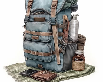 14 Adventure Backpack Clipart Bundle, Hiking Travel Gear Illustration, Printable Watercolor Clipart, High Quality JPG, Paper Craft, Journals