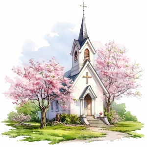 May include: A watercolour illustration of a white church with a cross and a wooden door. Pink blossom trees frame the church, set against green grass and a blue sky. A path leads to the church entrance.