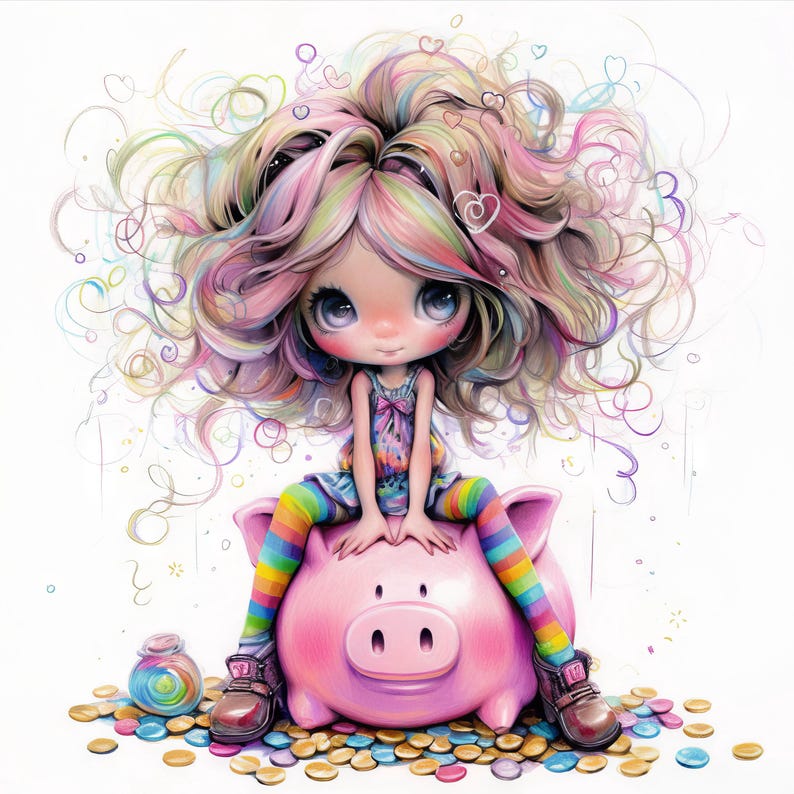 May include: A colorful illustration of a girl with rainbow hair sitting on a pink piggy bank. The girl is wearing a rainbow striped dress and rainbow striped stockings. The piggy bank is surrounded by gold and colorful coins.