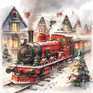 Winter Holiday Train Clip Art 10 High Res Watercolor JPGs for Junk Journals, Scrapbooking, Card Making, Digital Download, Fantasy, Whimsical