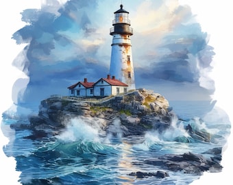 海の崖の上の灯台のイラスト14点セット、海岸の灯台のイラスト、印刷