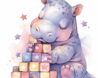 14 Playful Baby Hippo Clipart, Cute Nursery Decor Illustration, Printable Watercolor Clipart, High Quality JPG, Paper Craft, Junk Journals