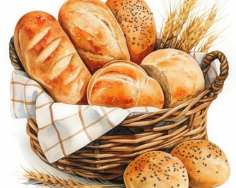 11 brödkorg Clipart-paket, rustik bageriillustration, utskrivbar akvarell Clipart, högkvalitativ JPG, papperspyssel, skräpjournaler