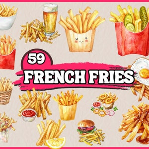 Paquete de imágenes prediseñadas de papas fritas en acuarela, conjunto de imágenes prediseñadas de comida rápida, imágenes prediseñadas de papas fritas imprimibles, PNG, manualidades de papel, scrapbooking, diario basura