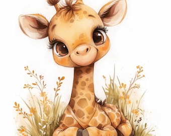 May include: A watercolor illustration of a baby giraffe with large brown eyes and a gentle smile. The giraffe has a tan and brown spotted coat and is sitting in a field of grass and wildflowers. The overall theme is a cute and friendly animal.