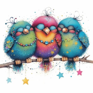 Whimsical Night Birds on Banch Clip Art 11 High Res Watercolor JPGs for Junk Journals, Scrapbooking, Card Making, Digital Download, Quirky
