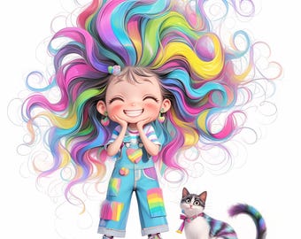 12 Quirky Girl With Cat Clipart | Cute Girl And Kitty | Printable Watercolor | High Quality JPGs | Digital Download | Paper Craft, Journal