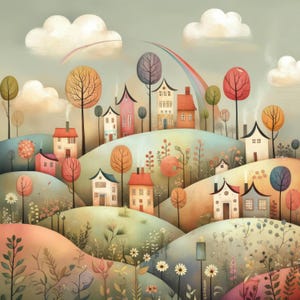 May include: A whimsical illustration of a village with colorful houses, trees, and a rainbow. The houses are surrounded by rolling hills and flowers.